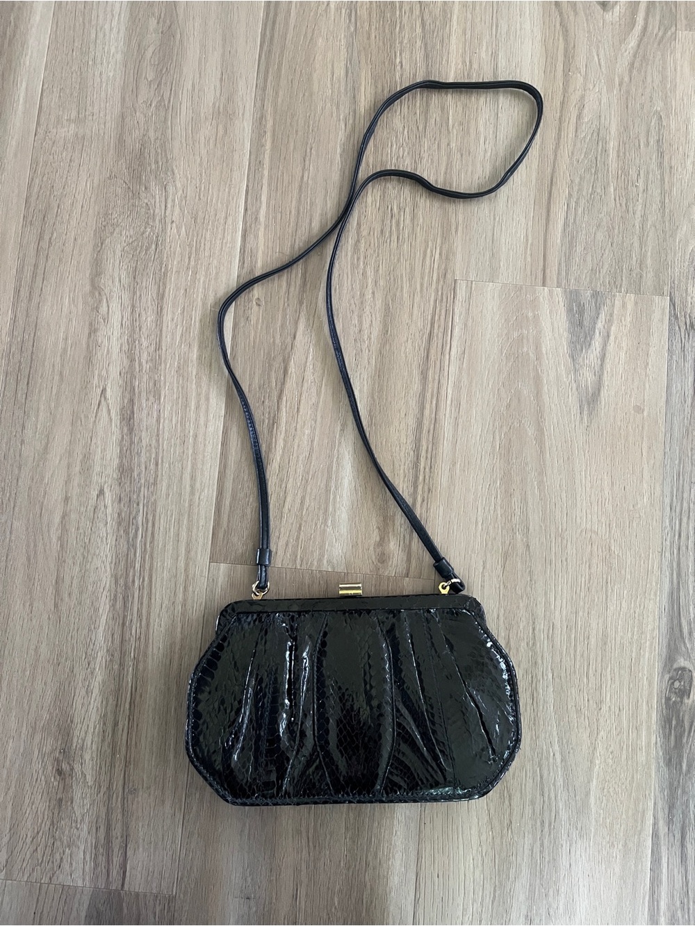 GENUINE SNAKESKIN Vintage Pantera black and brass evening bag clutch.